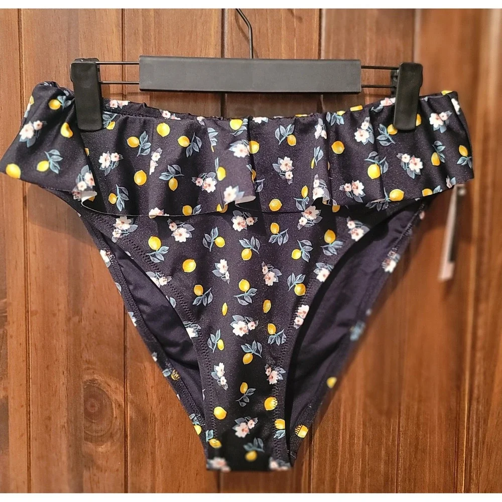 Victoria's Secret Bikini Bottoms Large Ruffles Black Floral/Lemon - Picture 4 of 7